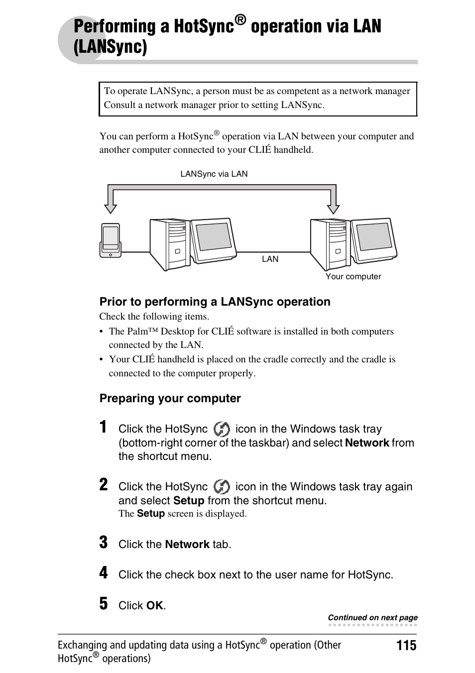 Performing a hotsync® operation via lan (lansync), Performing a hotsync, Operation via | Lan (lansync), Operation via lan (lansync) | Sony PEG-NX60 User Manual | Page 115 / 176