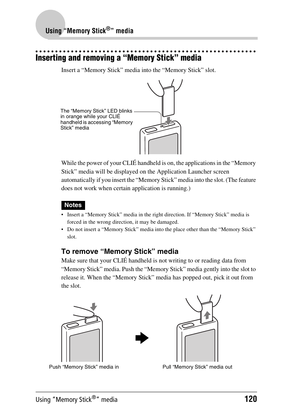 Inserting and removing a “memory stick” media | Sony PEG-NX60 User Manual | Page 120 / 176