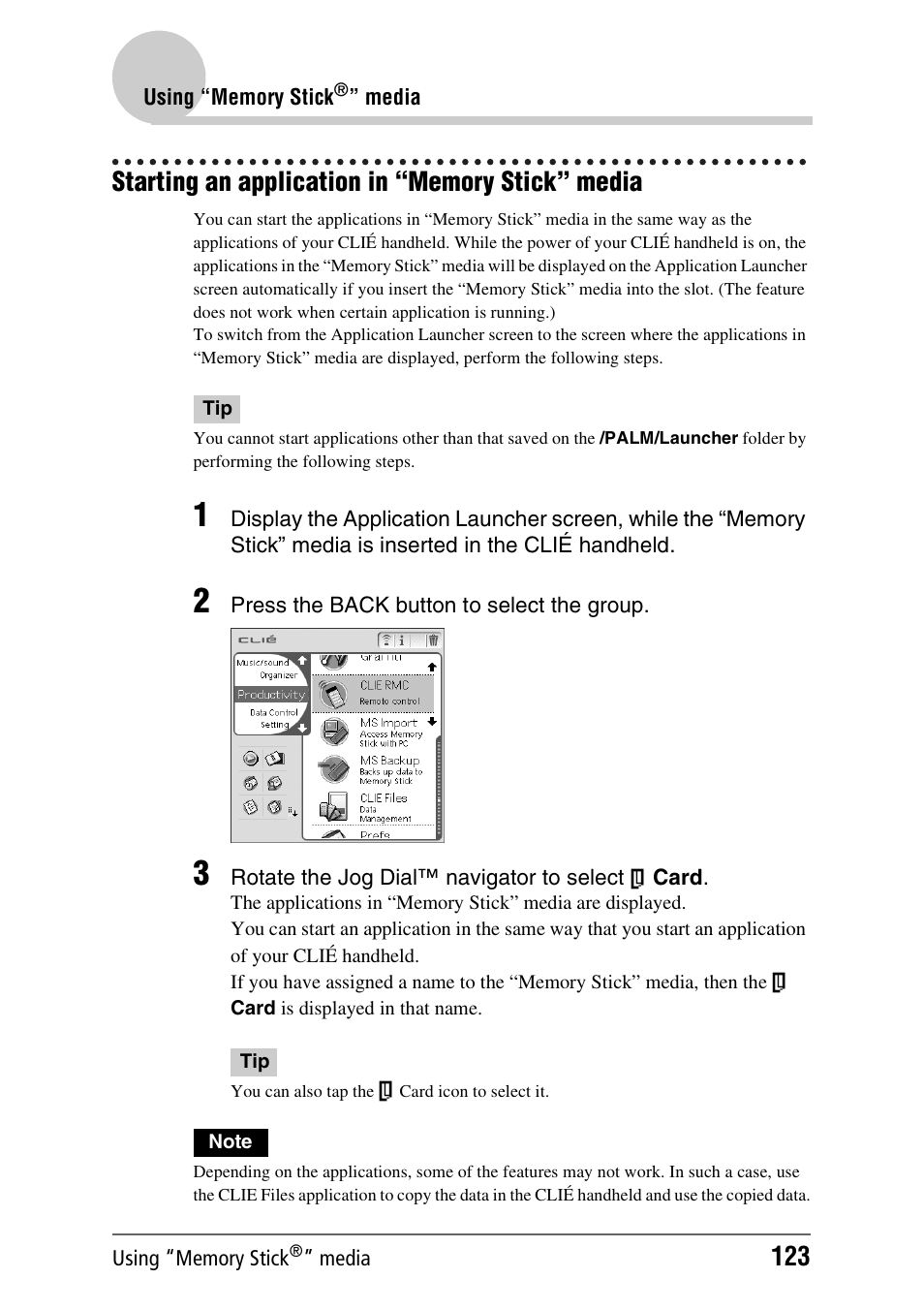 Starting an application in “memory stick” media | Sony PEG-NX60 User Manual | Page 123 / 176