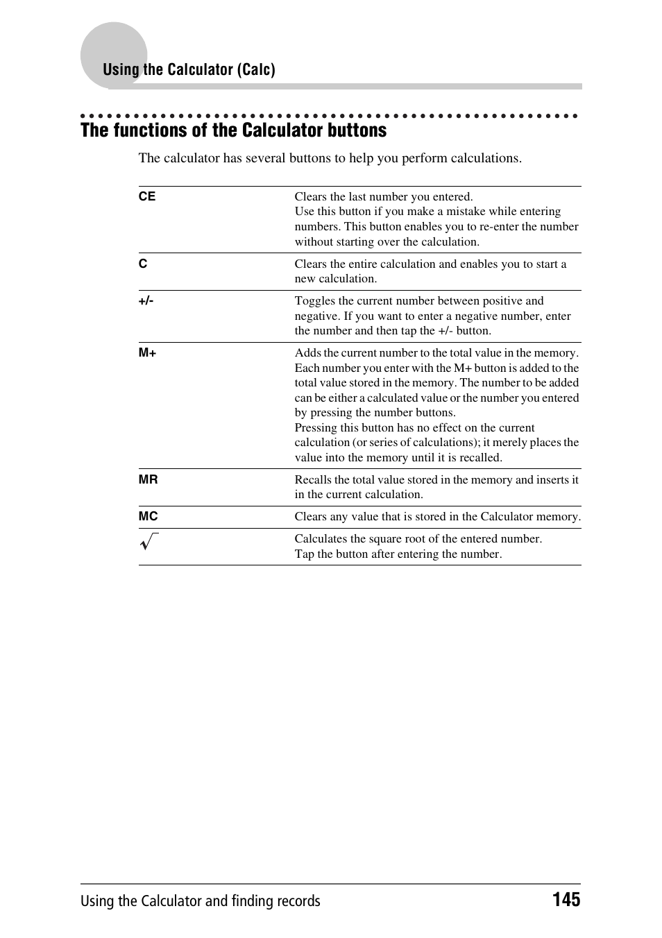 The functions of the calculator buttons | Sony PEG-NX60 User Manual | Page 145 / 176