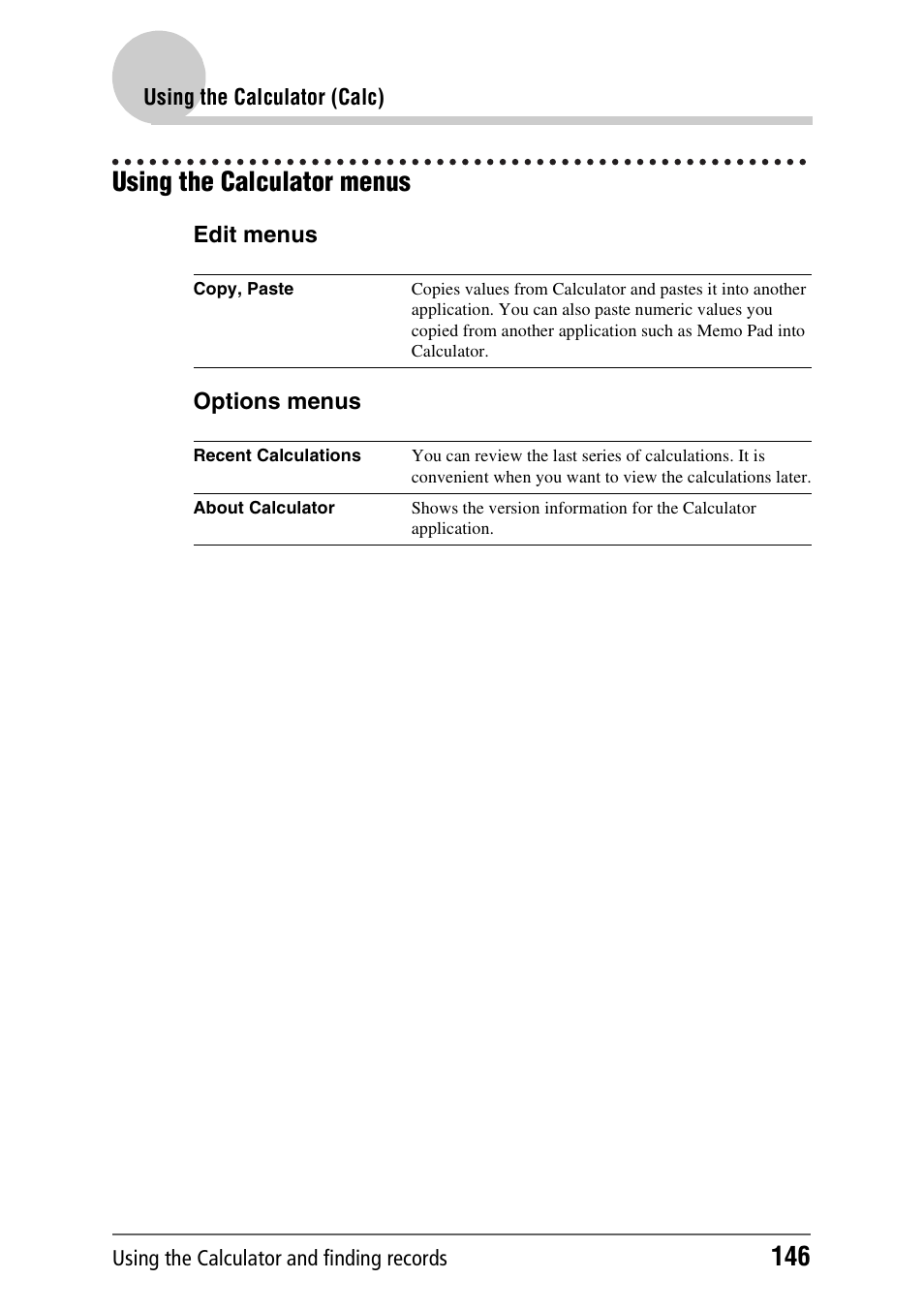 Using the calculator menus | Sony PEG-NX60 User Manual | Page 146 / 176