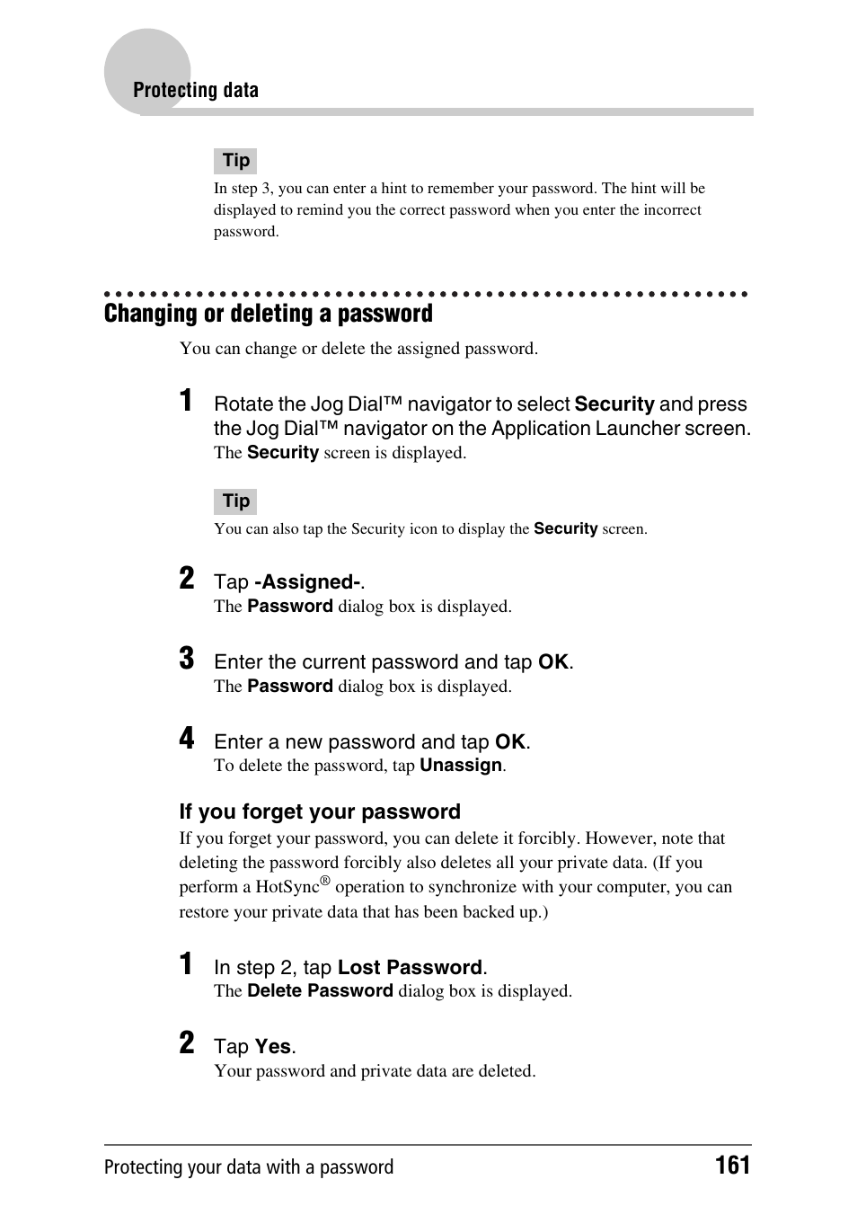 Changing or deleting a password | Sony PEG-NX60 User Manual | Page 161 / 176