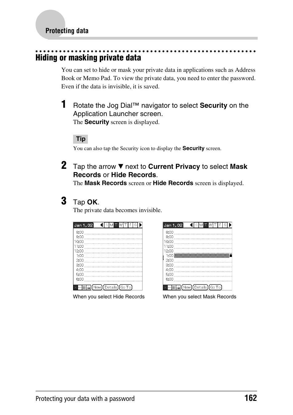 Hiding or masking private data | Sony PEG-NX60 User Manual | Page 162 / 176