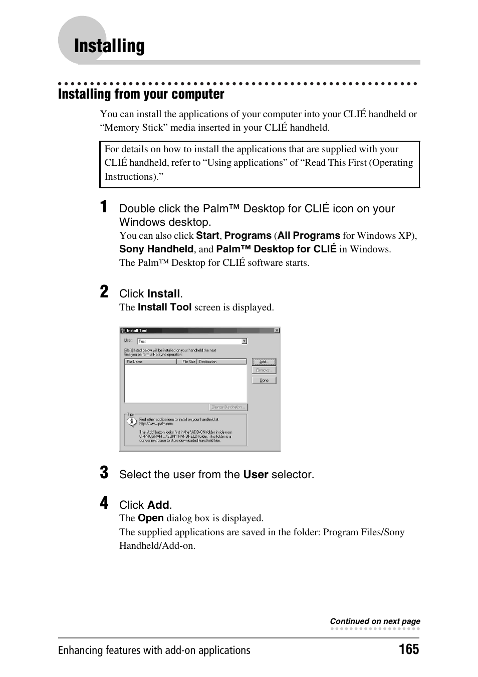 Installing, Installing from your computer | Sony PEG-NX60 User Manual | Page 165 / 176