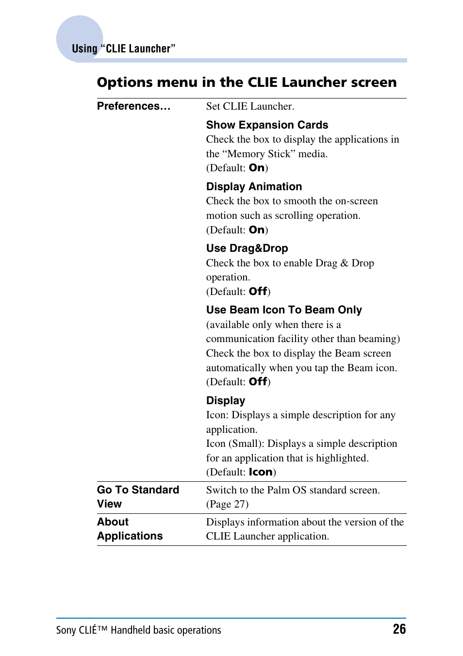 E 26) is, Options menu in the clie launcher screen | Sony PEG-NX60 User Manual | Page 26 / 176