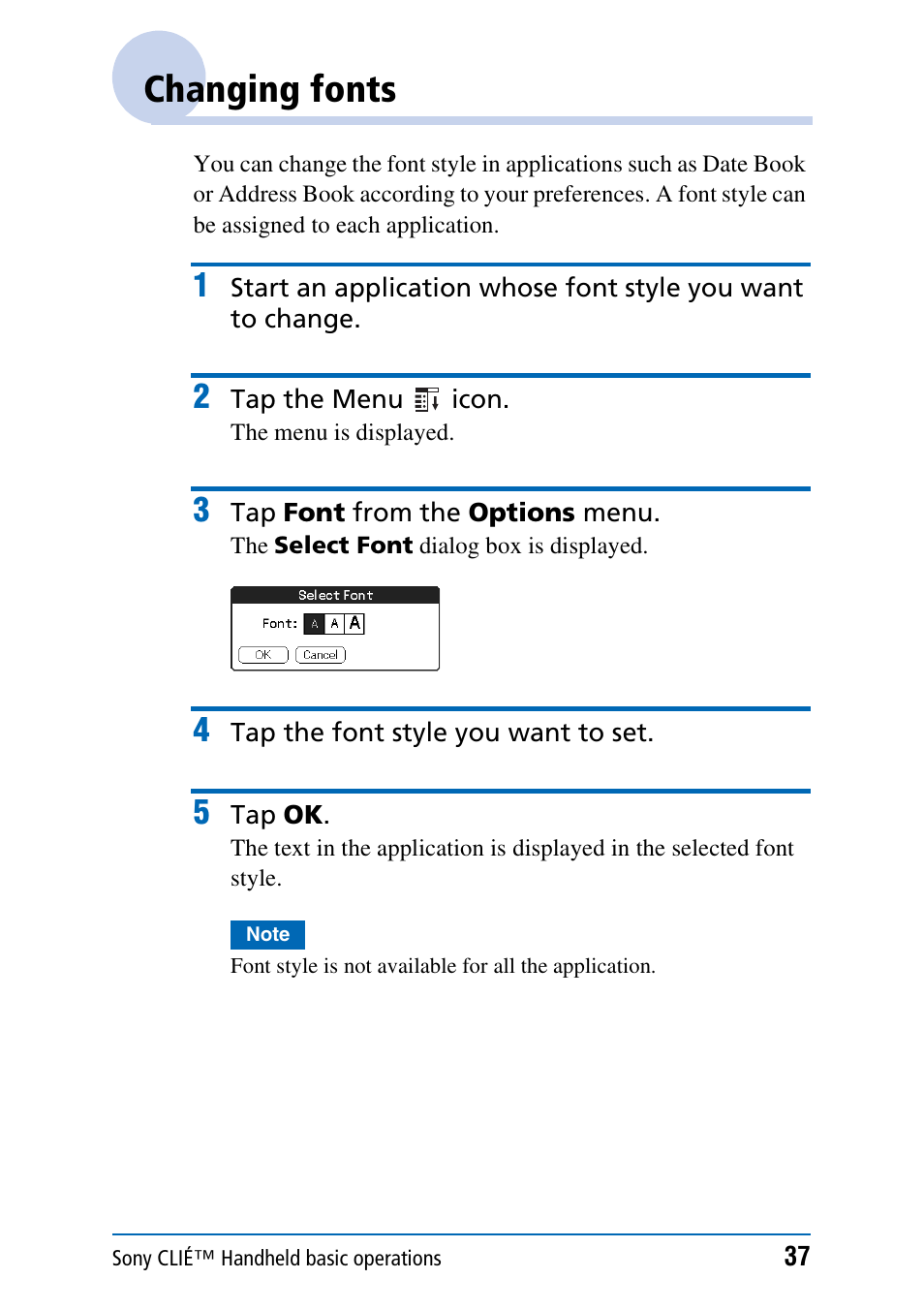 Changing fonts | Sony PEG-NX60 User Manual | Page 37 / 176