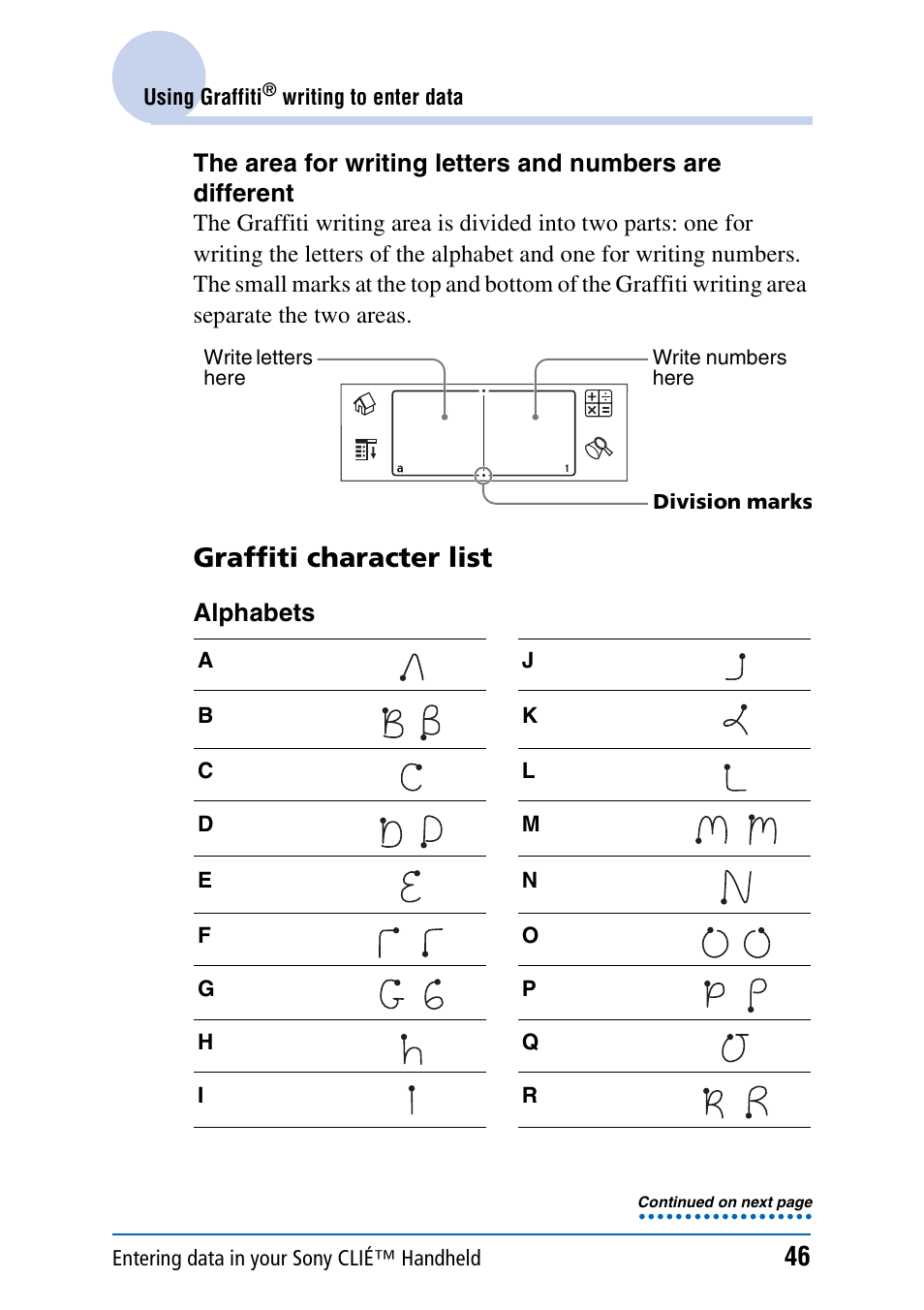Graffiti character list | Sony PEG-NX60 User Manual | Page 46 / 176