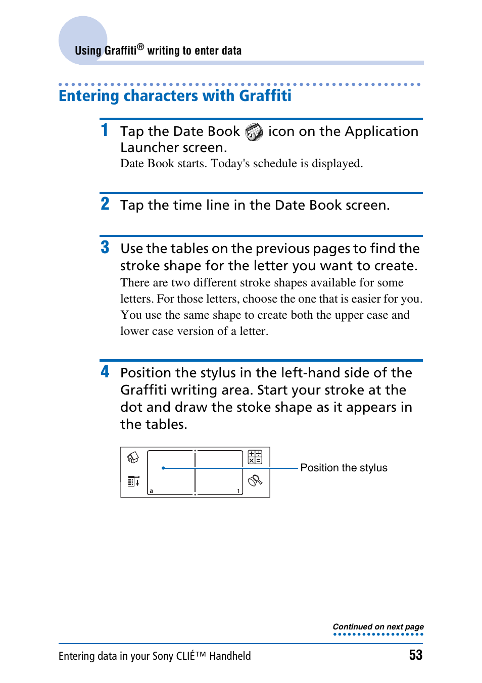 Entering characters with graffiti | Sony PEG-NX60 User Manual | Page 53 / 176