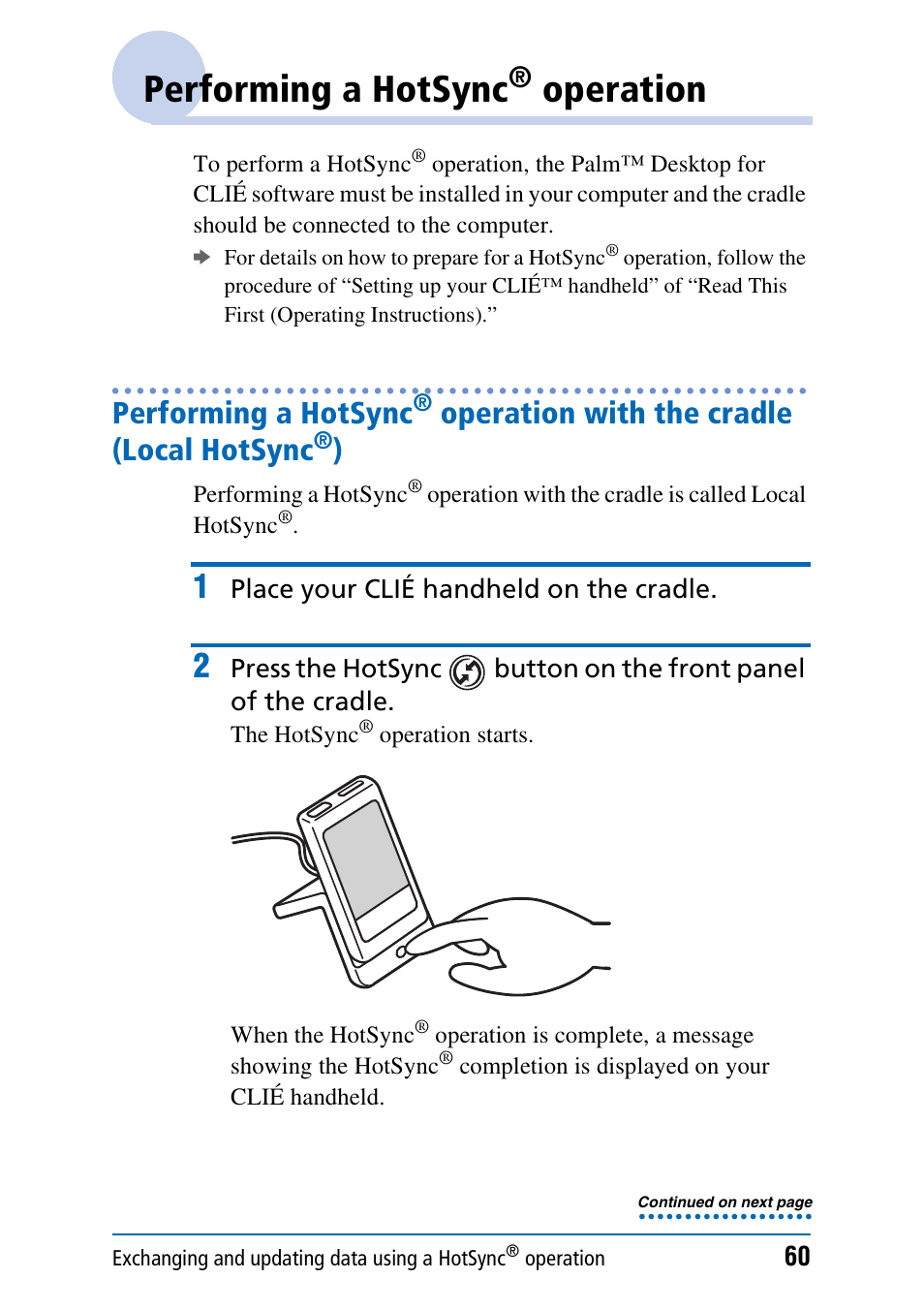 Performing a hotsync® operation, Performing a hotsync, Operation | Operation with the cradle, Local hotsync, Operation with the cradle (local hotsync | Sony PEG-NX60 User Manual | Page 60 / 176