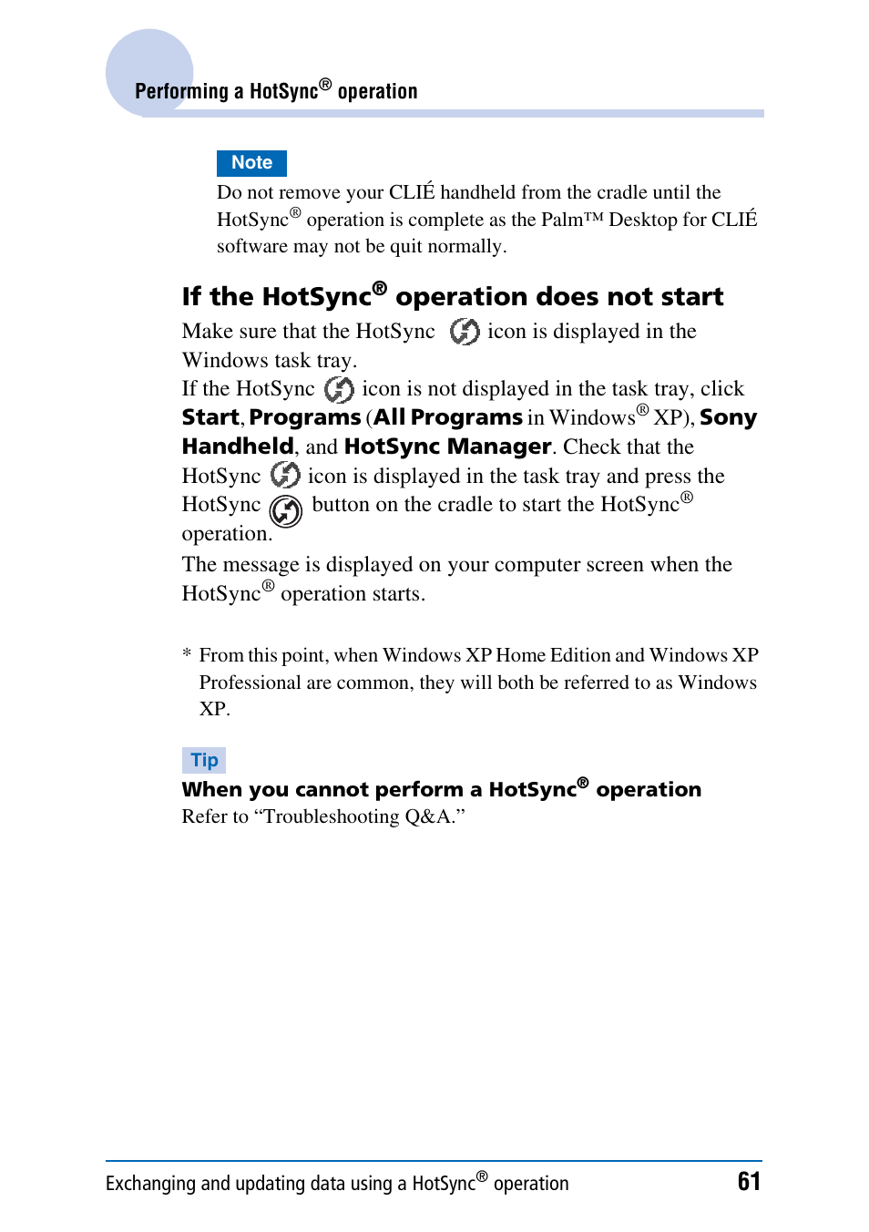 If the hotsync, Operation does not start | Sony PEG-NX60 User Manual | Page 61 / 176