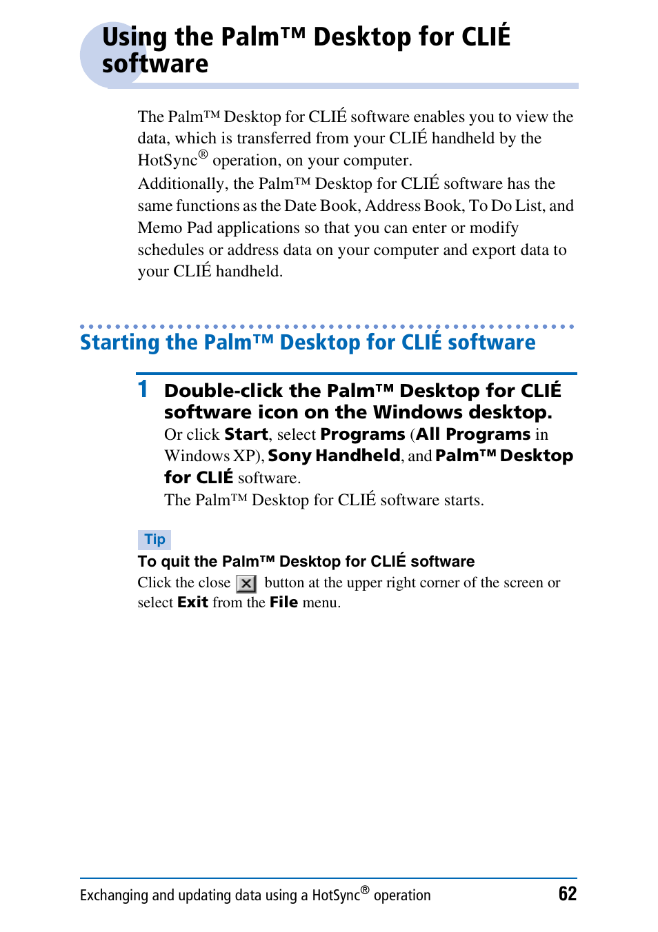 Using the palm™ desktop for clié software, Starting the palm™ desktop for clié software | Sony PEG-NX60 User Manual | Page 62 / 176