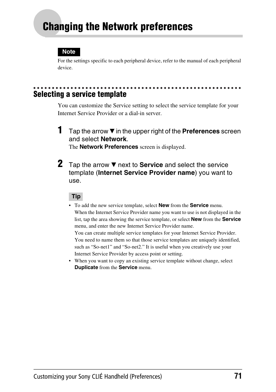 Changing the network preferences, Selecting a service template | Sony PEG-NX60 User Manual | Page 71 / 176