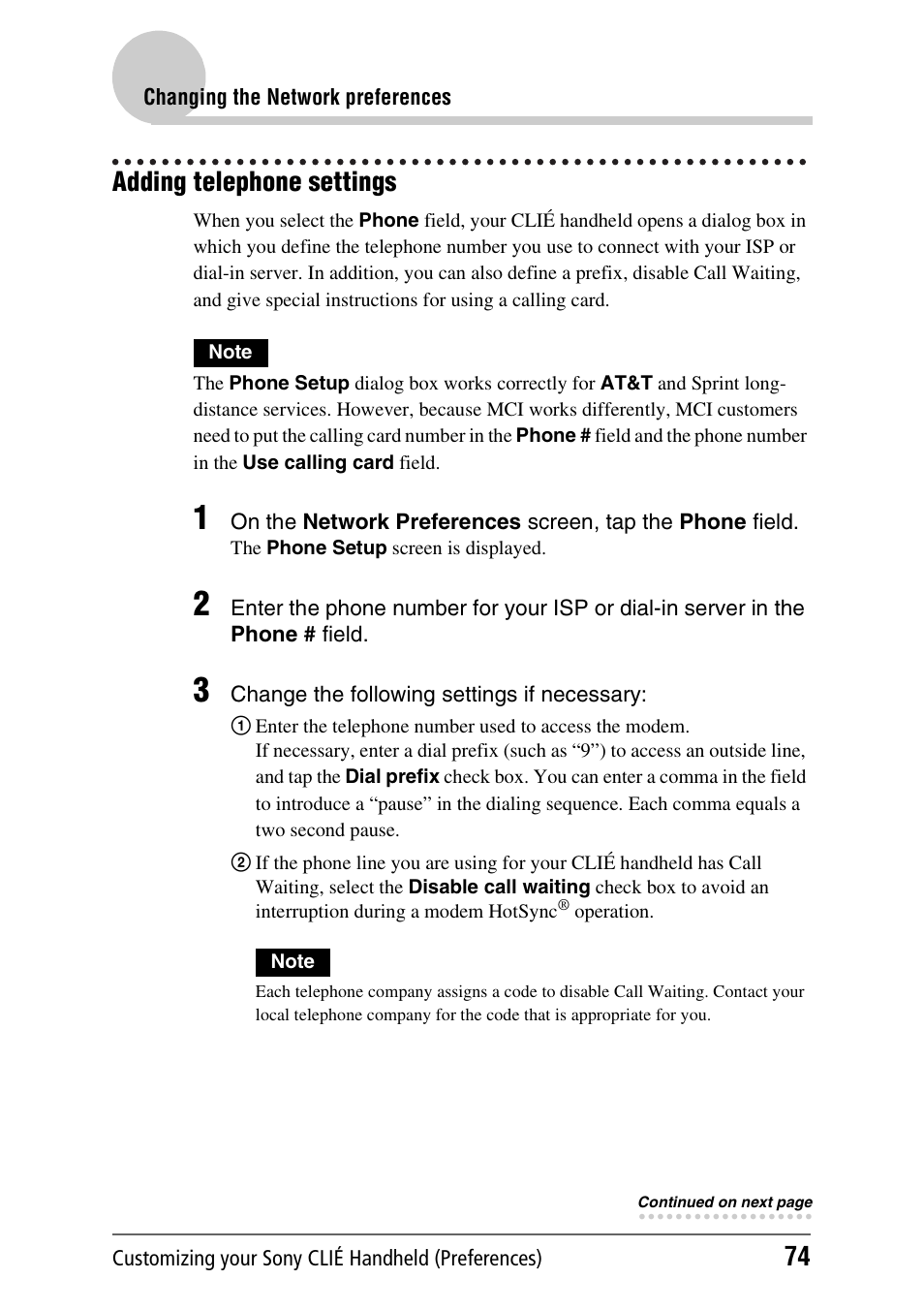 Adding telephone settings | Sony PEG-NX60 User Manual | Page 74 / 176
