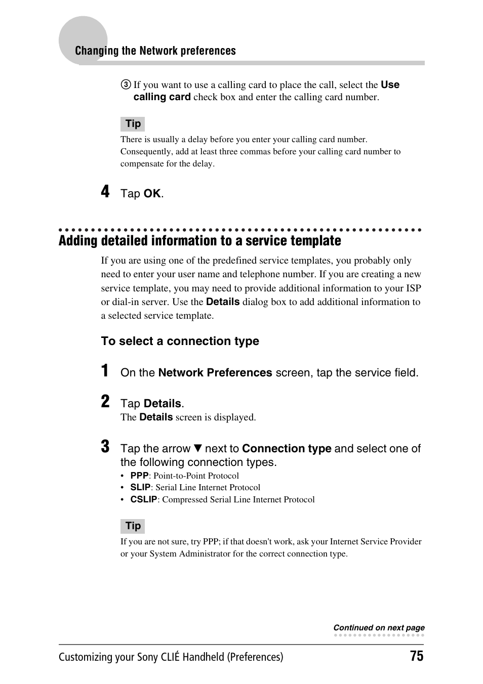 Adding detailed information to a service template | Sony PEG-NX60 User Manual | Page 75 / 176