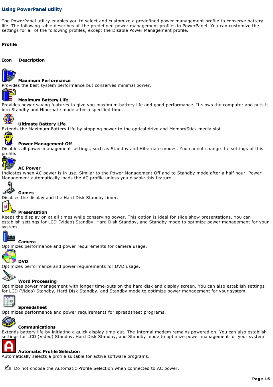 Using powerpanel utility | Sony PCG-Z1AP2 User Manual | Page 16 / 164