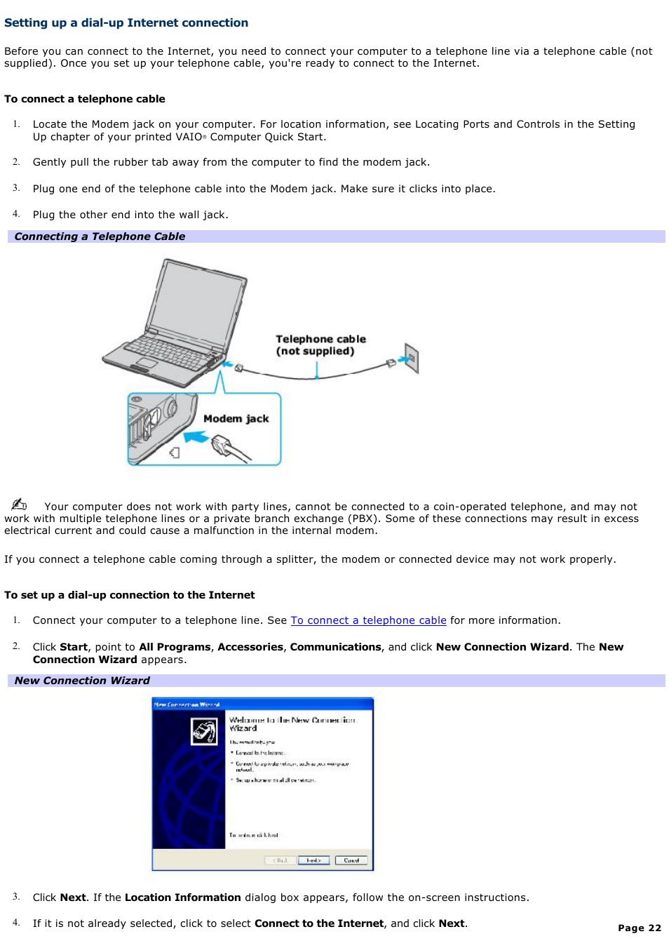 Setting up a dial-up internet connection | Sony PCG-Z1AP2 User Manual | Page 22 / 164