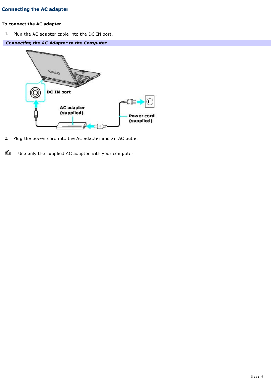 Connecting the ac adapter | Sony PCG-Z1AP2 User Manual | Page 4 / 164