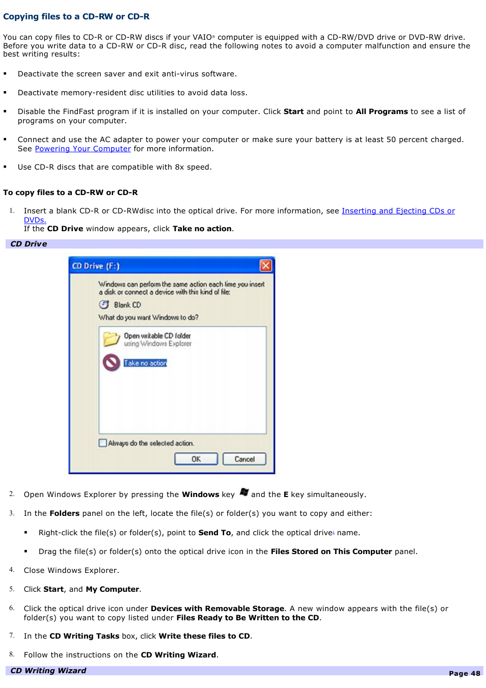 Copying files to a cd-rw or cd-r | Sony PCG-Z1AP2 User Manual | Page 48 / 164