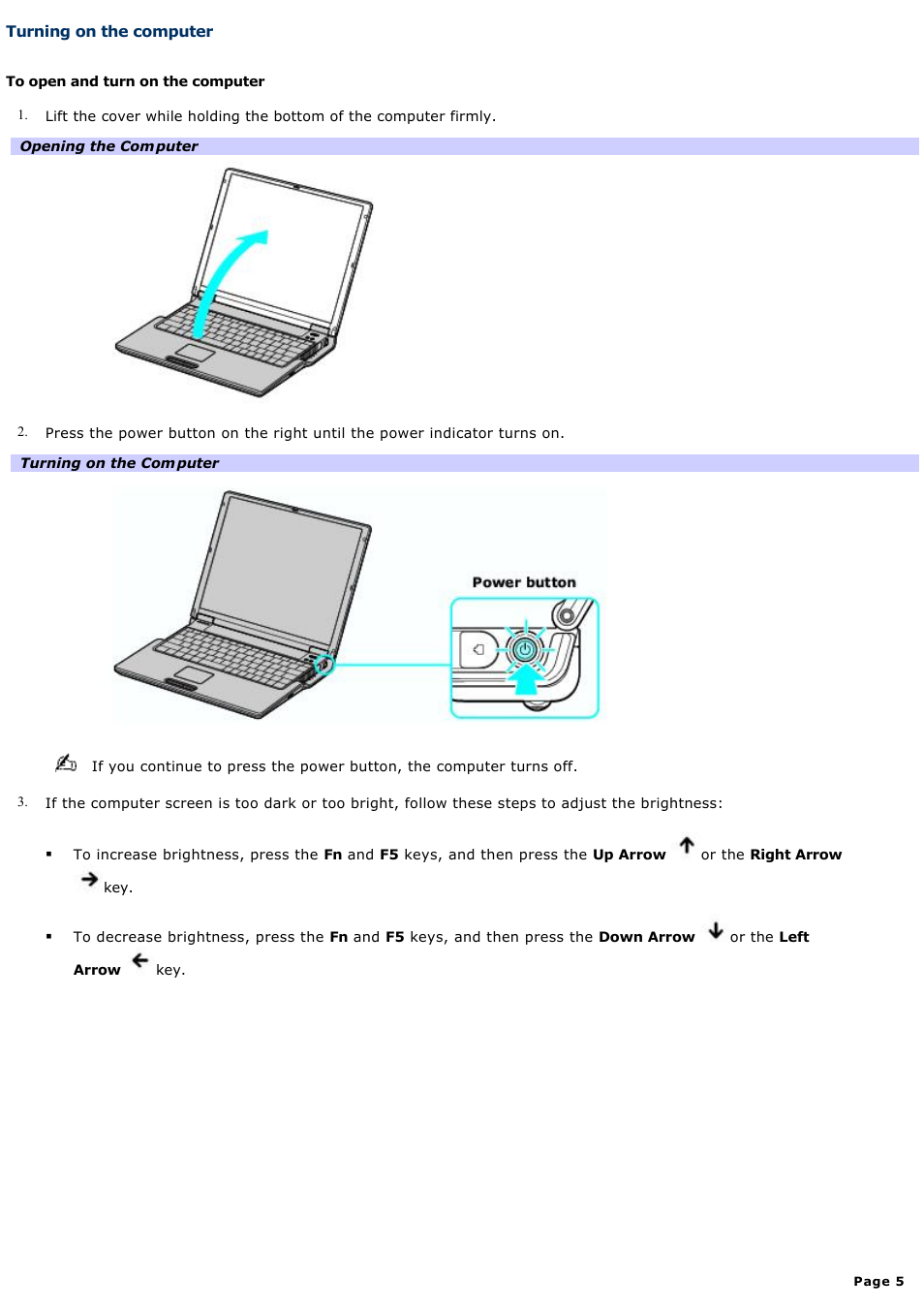 Turning on the computer | Sony PCG-Z1AP2 User Manual | Page 5 / 164