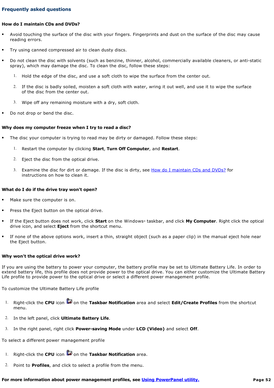 Frequently asked questions | Sony PCG-Z1AP2 User Manual | Page 52 / 164