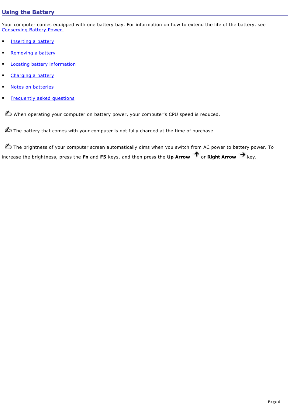 Using the battery | Sony PCG-Z1AP2 User Manual | Page 6 / 164
