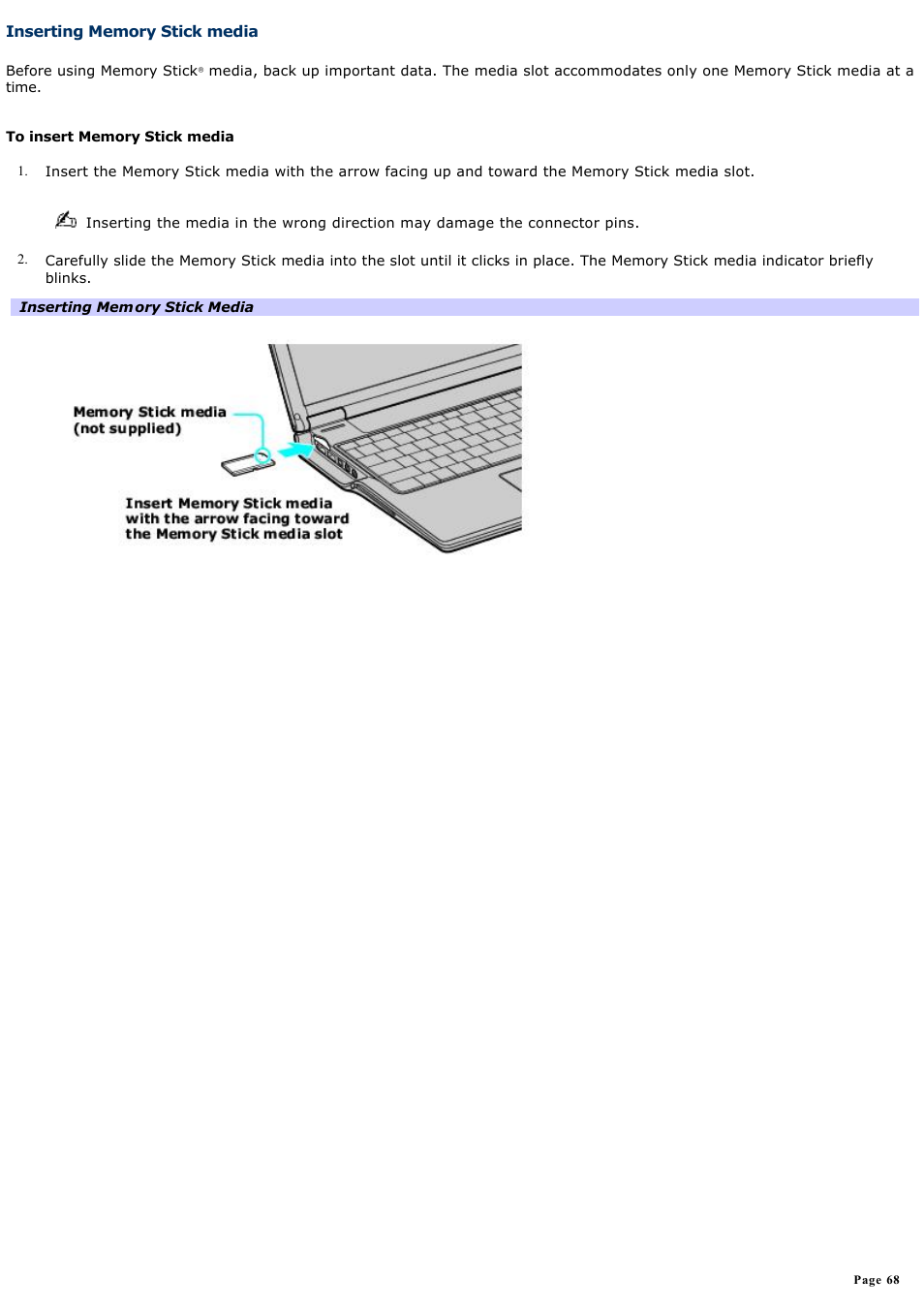 Inserting memory stick media | Sony PCG-Z1AP2 User Manual | Page 68 / 164