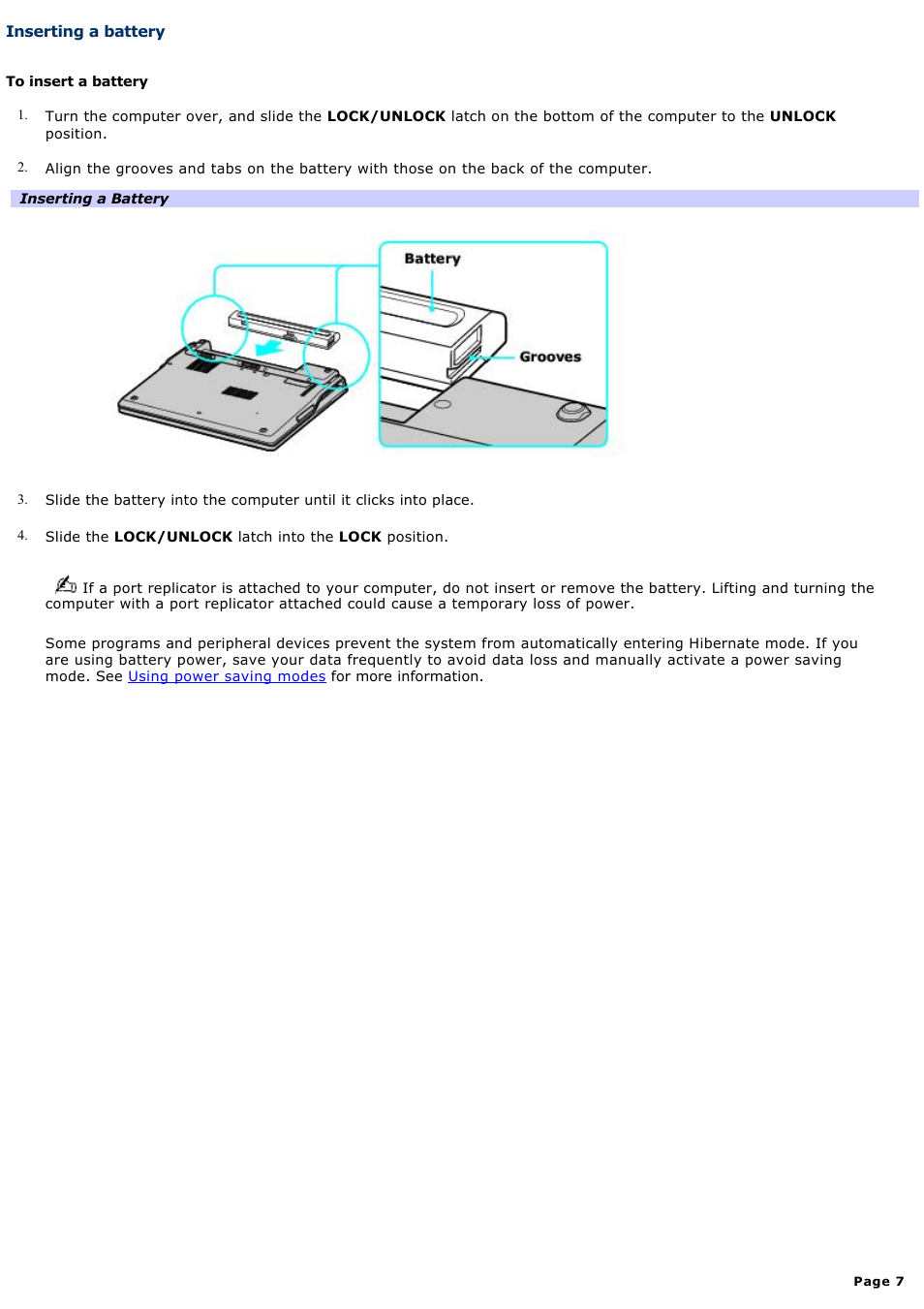 Inserting a battery | Sony PCG-Z1AP2 User Manual | Page 7 / 164