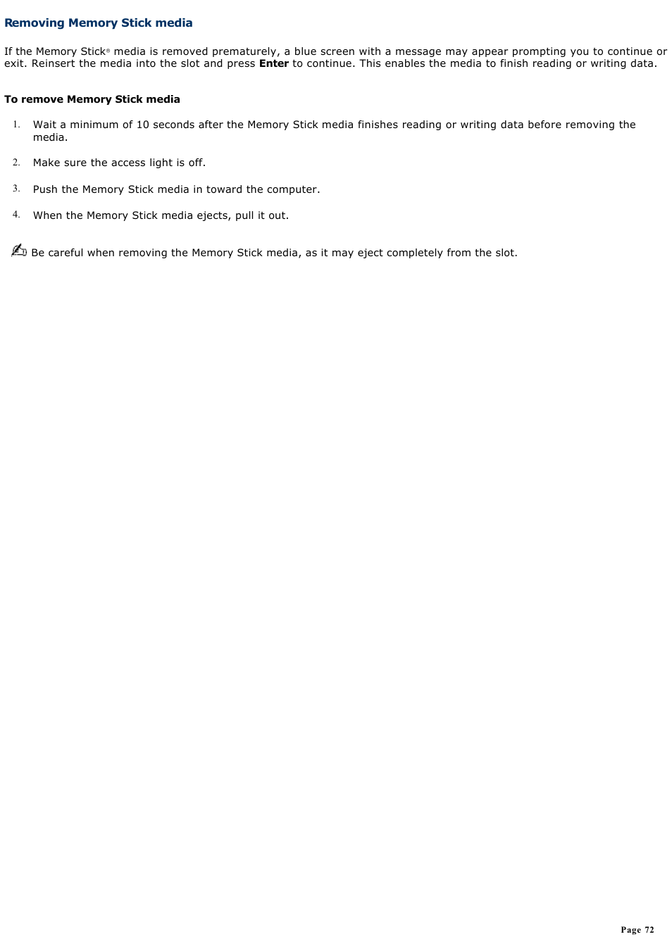 Removing memory stick media | Sony PCG-Z1AP2 User Manual | Page 72 / 164