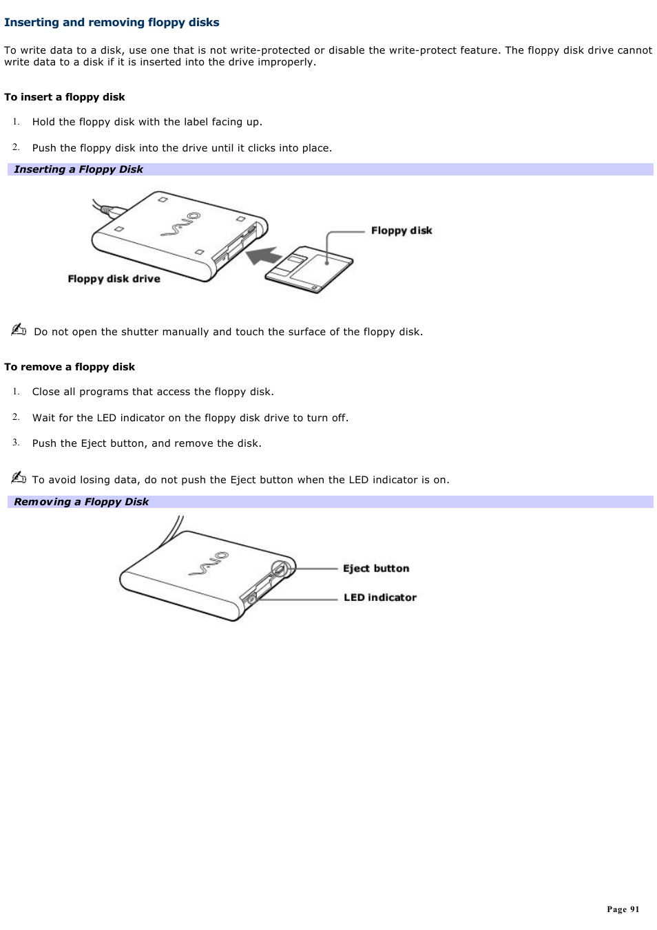 Inserting and removing floppy disks | Sony PCG-Z1AP2 User Manual | Page 91 / 164