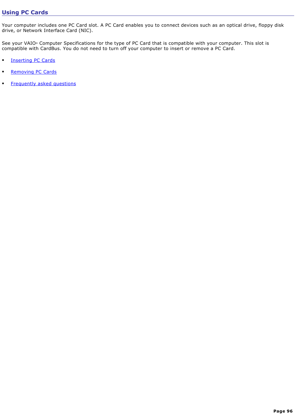 Using pc cards | Sony PCG-Z1AP2 User Manual | Page 96 / 164