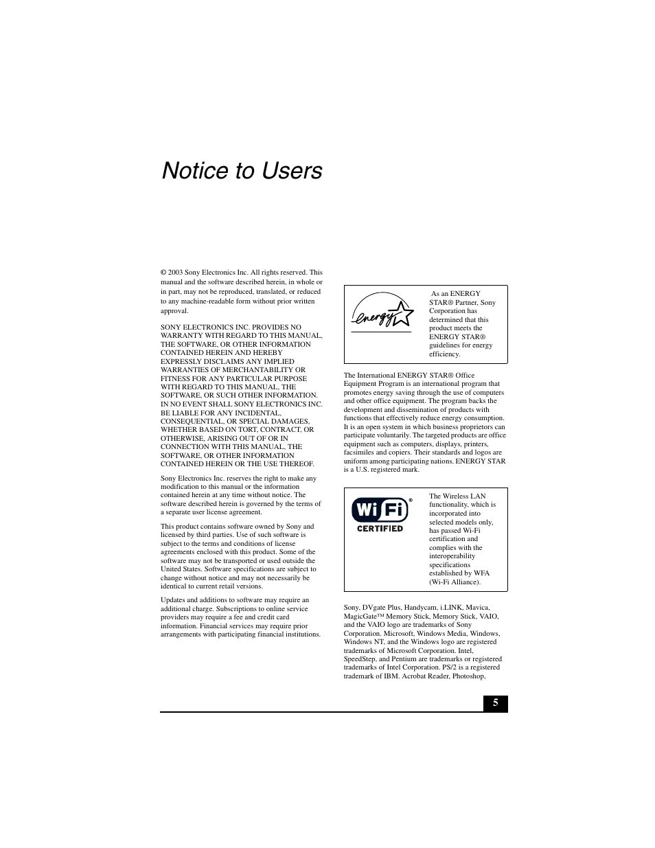 Notice to users | Sony PCG-GRT290ZP User Manual | Page 5 / 44