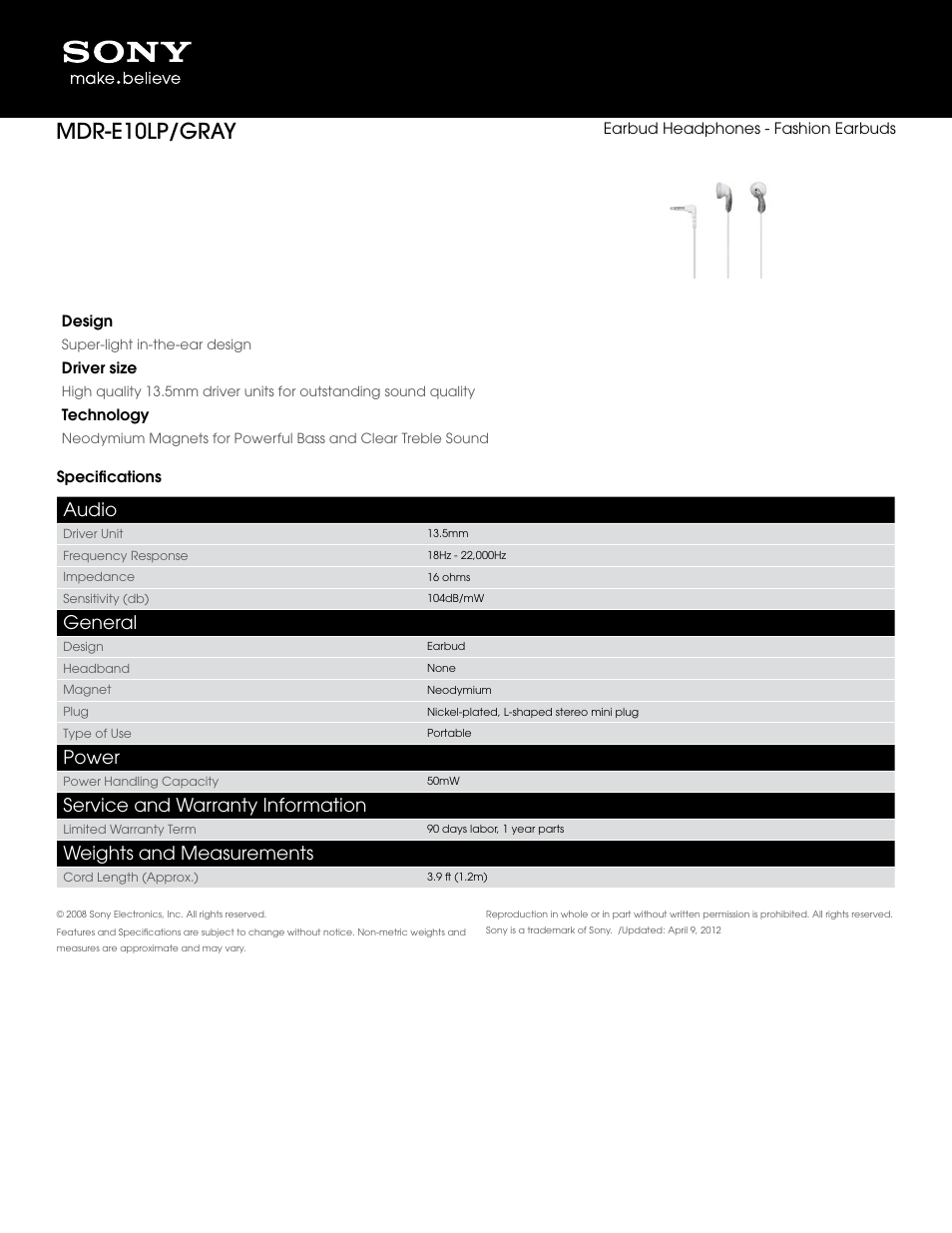 Sony MDR-E10LP User Manual | 1 page