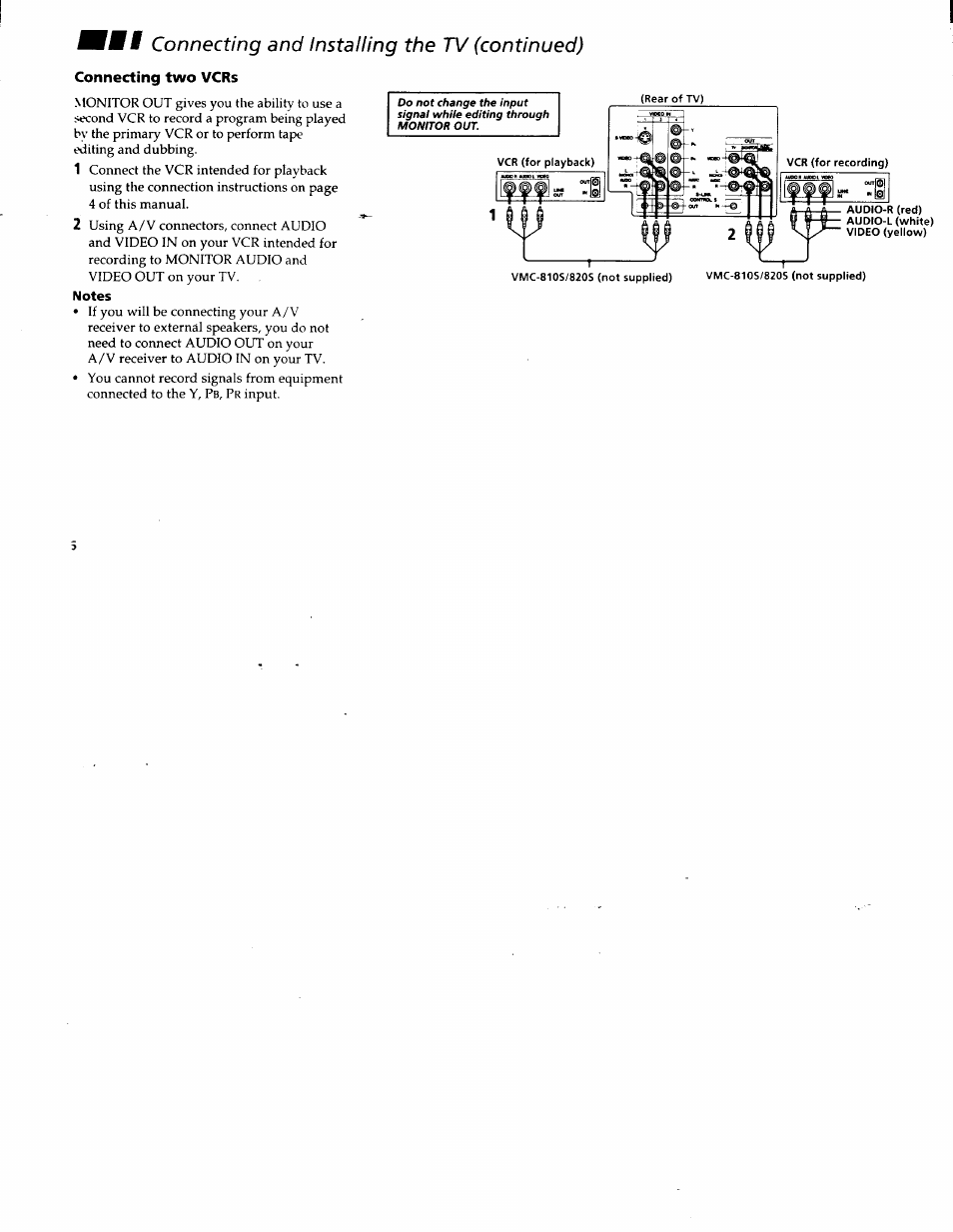 Connecting two vcrs, Connecting and installing the tv (continued) | Sony KV-32FV1 User Manual | Page 10 / 37