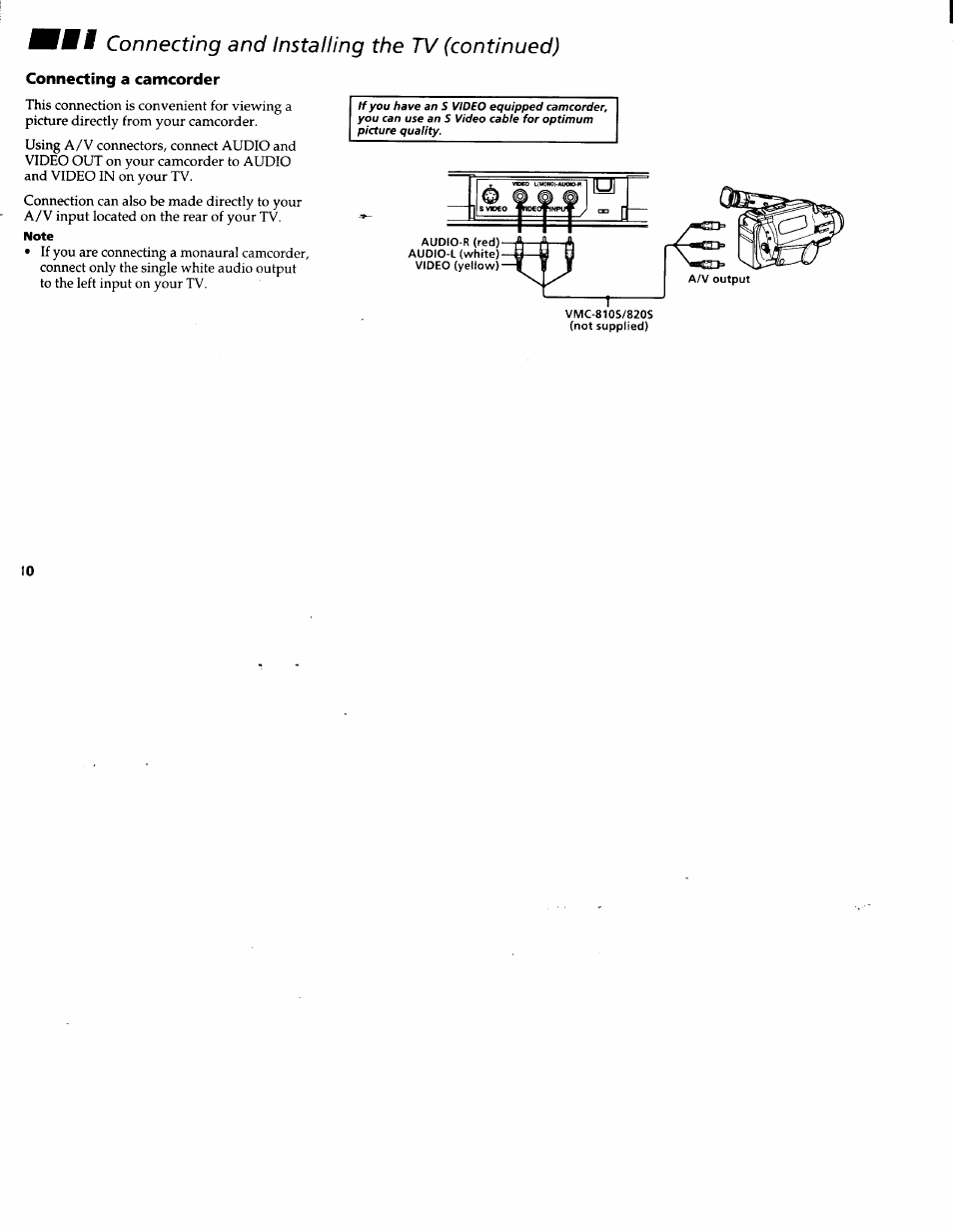 Connecting a camcorder, Kkki connecting and installing the tv (continued) | Sony KV-32FV1 User Manual | Page 14 / 37