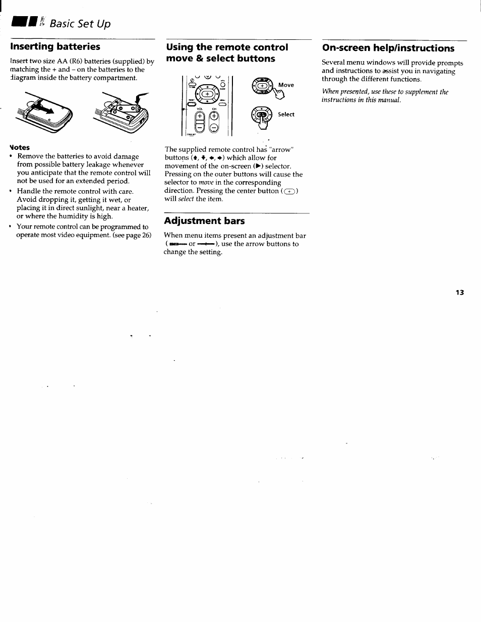 Basic set up, Inserting batteries, Motes | On-screen help/instructions, Adjustment bars, Adjustment bars on-screen help/instructions, Basic set up inserting batteries | Sony KV-32FV1 User Manual | Page 17 / 37