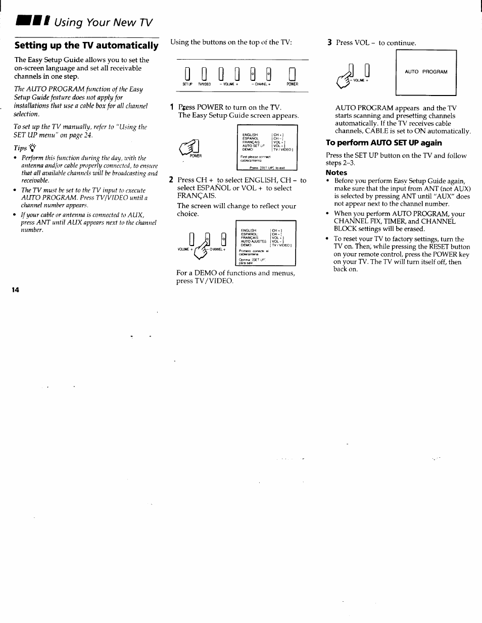 Setting up the tv automatically, To perform auto set up again, Notes | Using your new tv setting up the tv automatically | Sony KV-32FV1 User Manual | Page 18 / 37