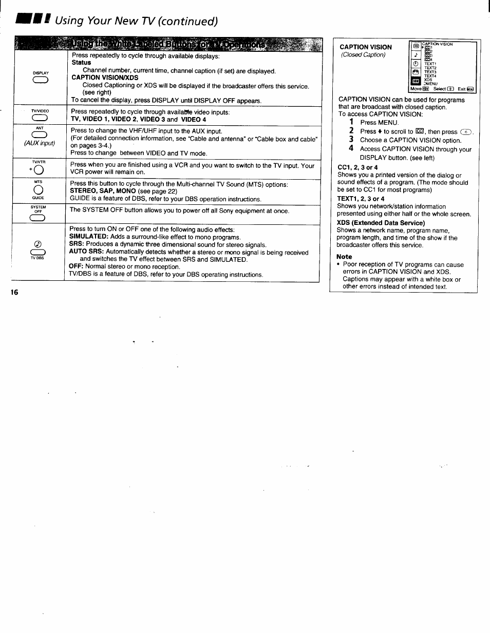 Caption vision/xds, Using your new tv (continued) | Sony KV-32FV1 User Manual | Page 20 / 37