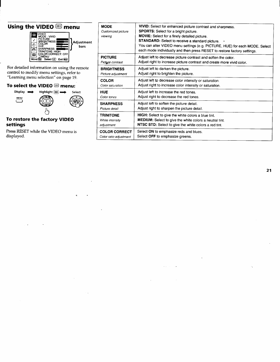 Using the video oih menu, To select the video gn) menu, To restore the factory video settings | Using the video qid menu | Sony KV-32FV1 User Manual | Page 25 / 37