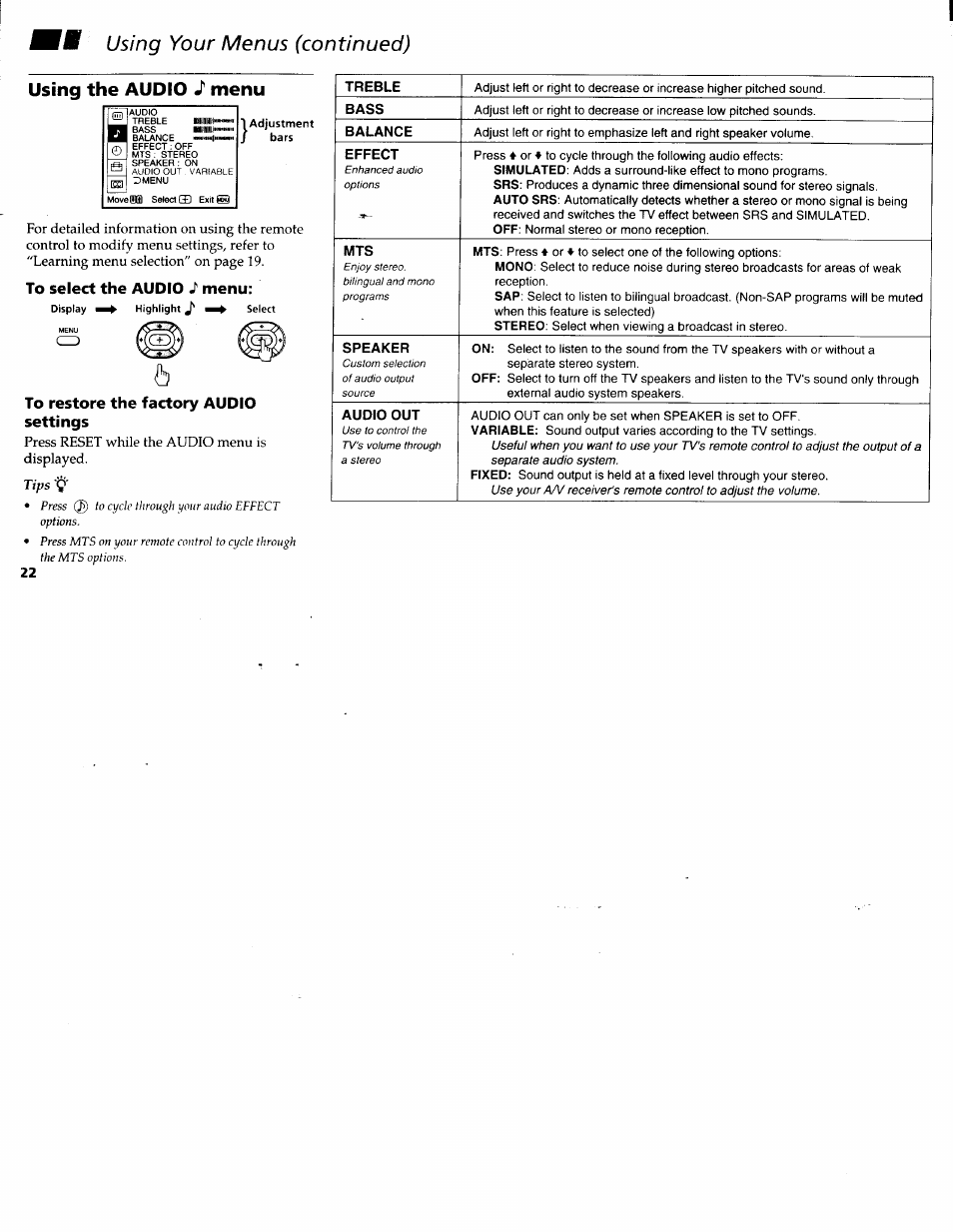 Using the audio i menu, To select the audio s menu, To restore the factory audio settings | Using the audio «t menu, Using your menus (continued) | Sony KV-32FV1 User Manual | Page 26 / 37