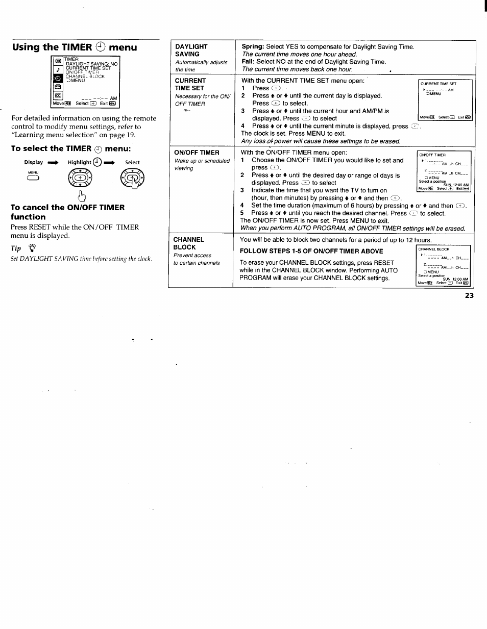 Using the timer 0 menu, Using the timer © menu, Using the timer | Menu, Hce)) to cancel the on/off timer function | Sony KV-32FV1 User Manual | Page 27 / 37