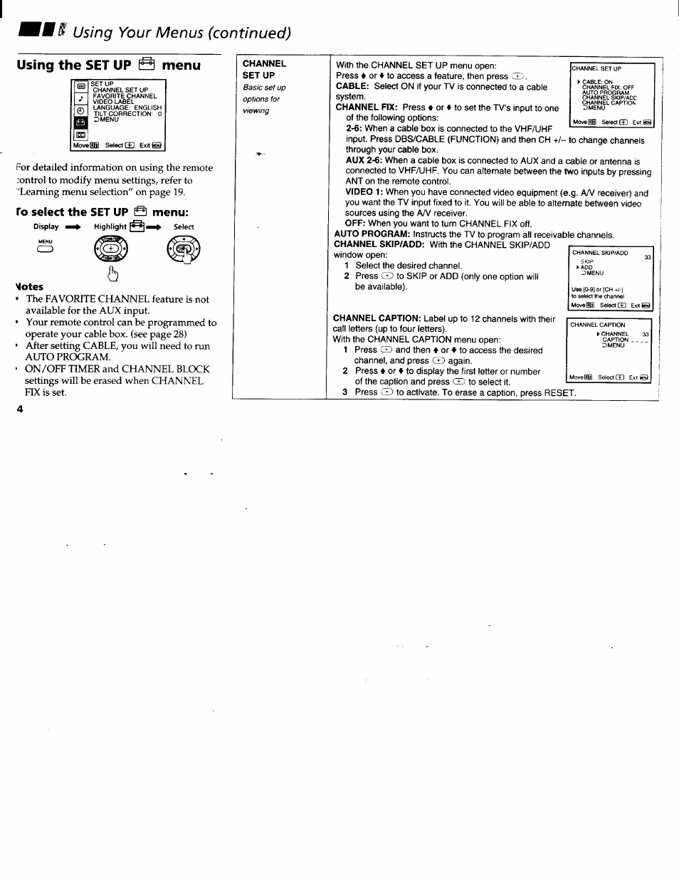 Using your menus (continued), Using the set up b menu, Motes | Sony KV-32FV1 User Manual | Page 28 / 37