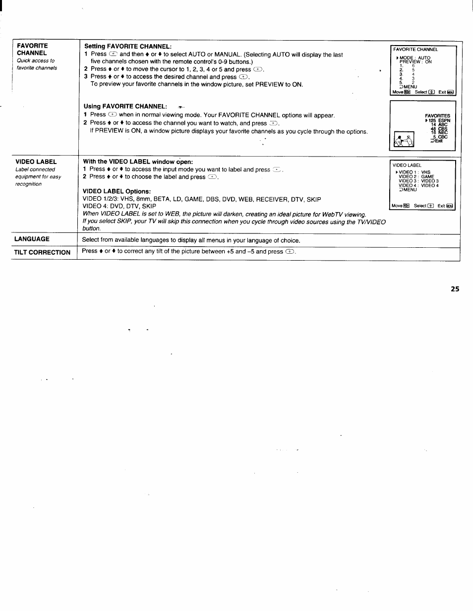 Setting favorite channel, Using favorite channel, Video label | With the video label window open, Video label options, Language, Tilt correction | Sony KV-32FV1 User Manual | Page 29 / 37