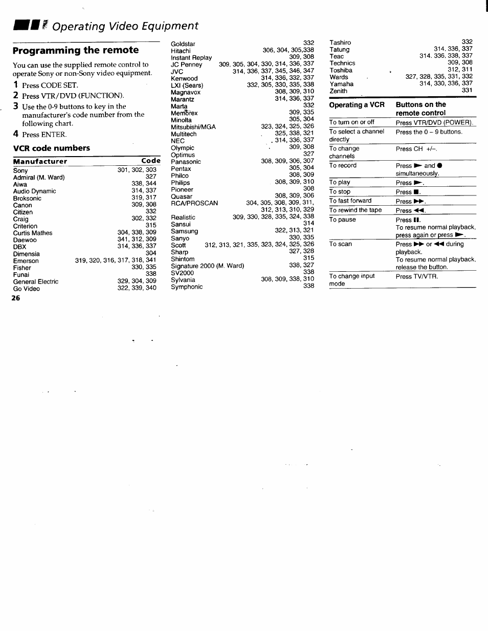 Operating video equipment, Programming the remote, Vcr code numbers | Programming the remote control, Operating video equipment programming the remote | Sony KV-32FV1 User Manual | Page 30 / 37