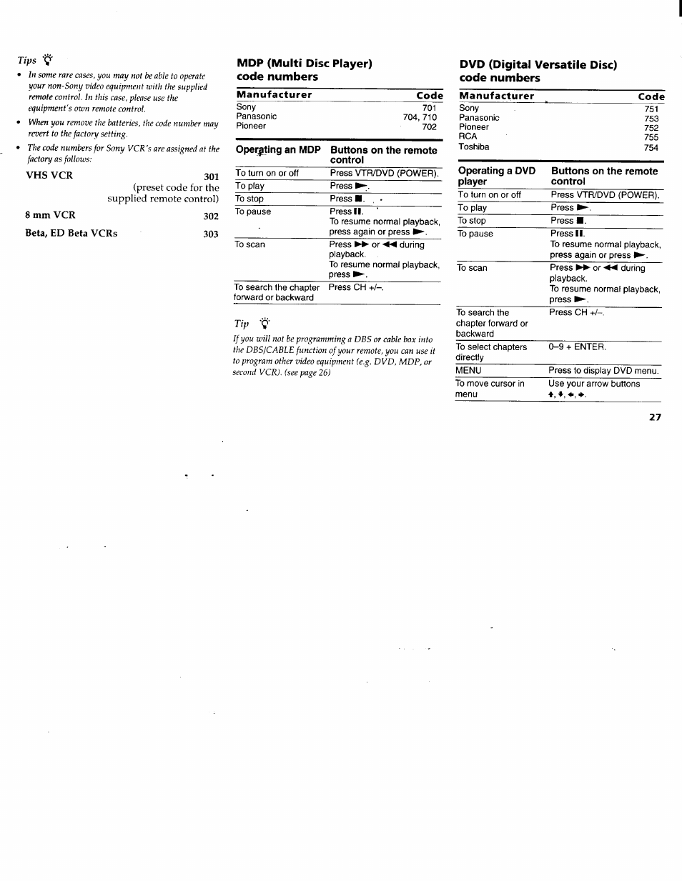 Mdp (multi disc player) code numbers, Dvd (digital versatile disc) code numbers | Sony KV-32FV1 User Manual | Page 31 / 37