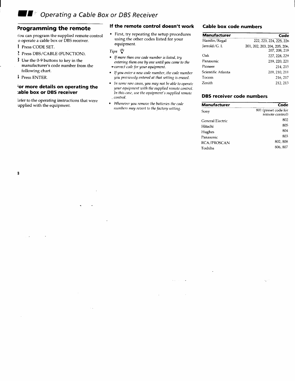 Programming the remote, Cable box code numbers, Programming the remote control | Operating a cable box or dbs receiver | Sony KV-32FV1 User Manual | Page 32 / 37