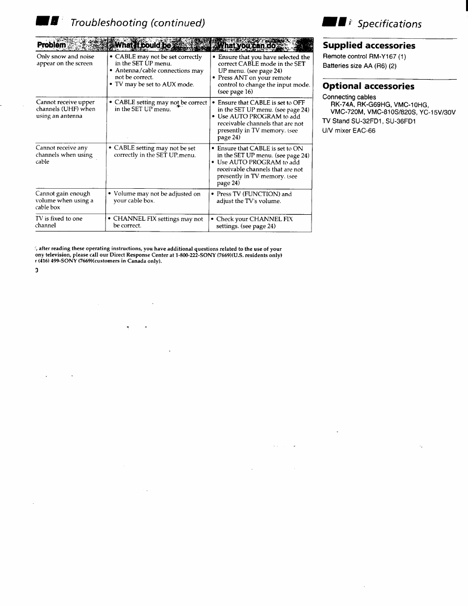 Troubleshooting (continued), Supplied accessories, Optional accessories | Specifications | Sony KV-32FV1 User Manual | Page 34 / 37