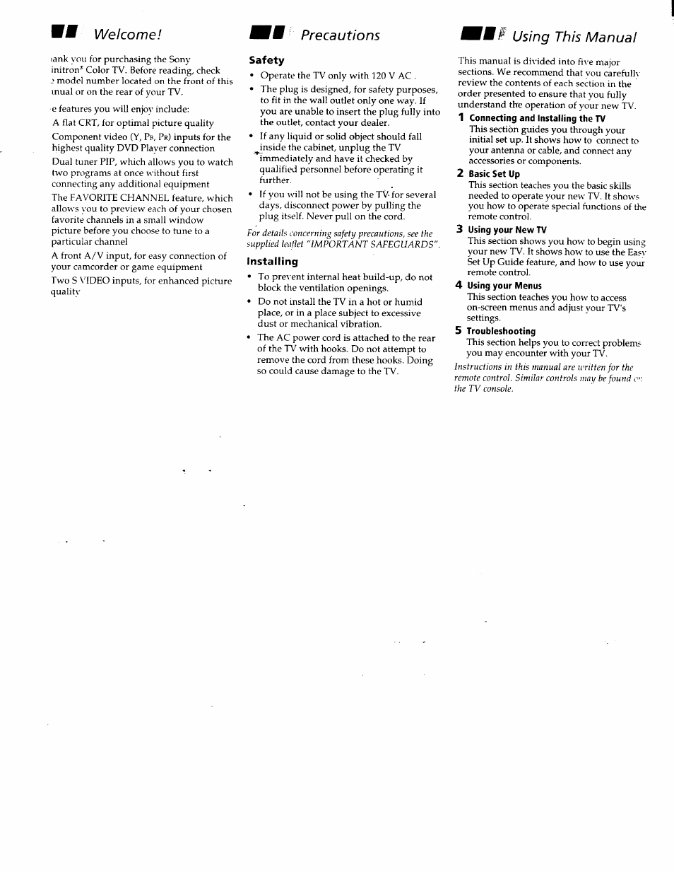 Safety, Installing, 2 basic set up | 3 using your new tv, 5 troubleshooting, Welcome! precautions using this manual | Sony KV-32FV1 User Manual | Page 5 / 37