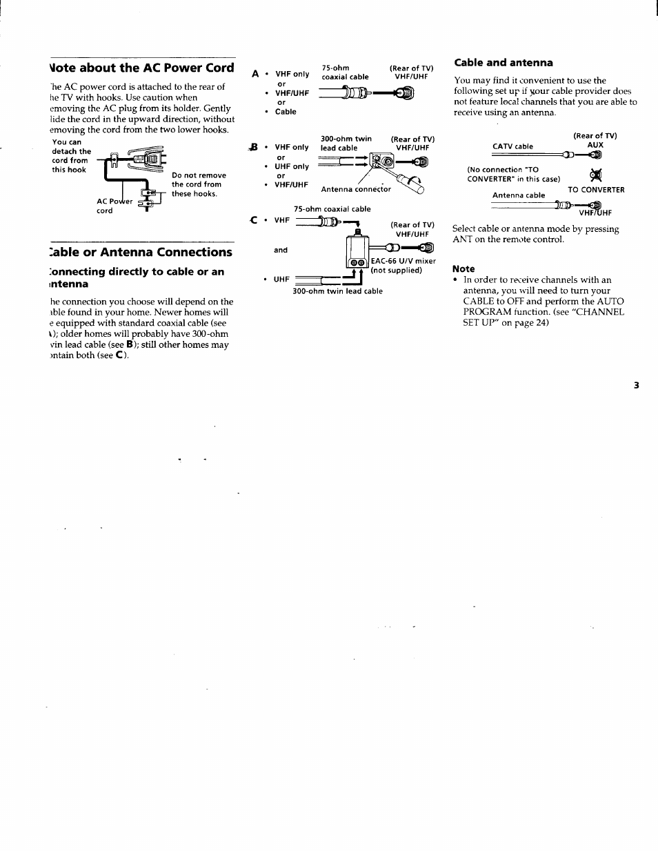 Ote about the ac power cord, Zable or antenna connections, Lonnecting directly to cable or an mtenna | Cable and antenna, Cable or antenna connections | Sony KV-32FV1 User Manual | Page 7 / 37