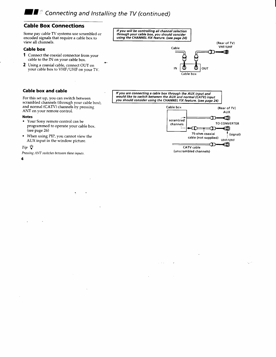 Cable box connections, Cable box, Cable box and cable | Notes, Cable box . cable box and cable, Fi e, Connecting and installing the tv (continued) | Sony KV-32FV1 User Manual | Page 8 / 37