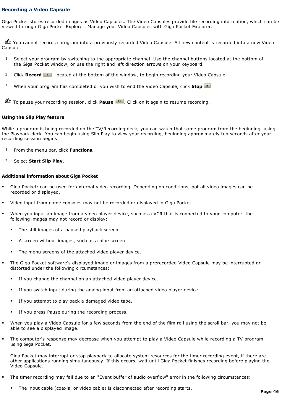 Recording a video capsule | Sony PCV-RS510 User Manual | Page 46 / 143